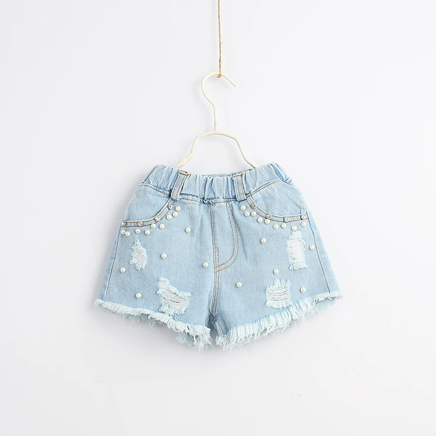 Для маленьких девочек с разрывами рваные джинсовые шорты жемчугом и стразами