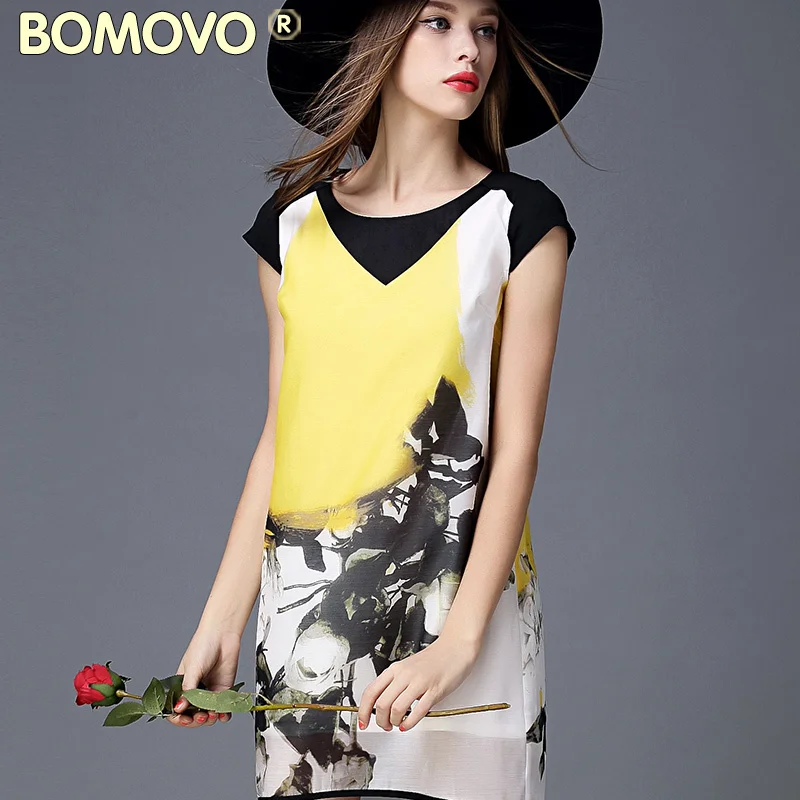 queen 2015 summer women new european and american big round neck short sleeve dress printed organza a-line |