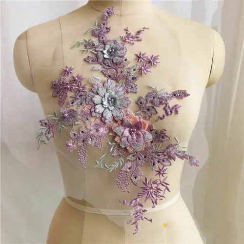 Purple 41CM X 26CM Lace Flower 3D Embroidery Flower Bridal Lace Applique Pearl Beaded Tulle Wedding Dress Embroidery Broderie DIY - Цвет: Purple