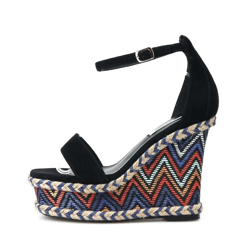 Женские Espadrille туфли на танкетке MAZIAO модные летние черные платформе с ремешком и пряжкой|Боссоножки