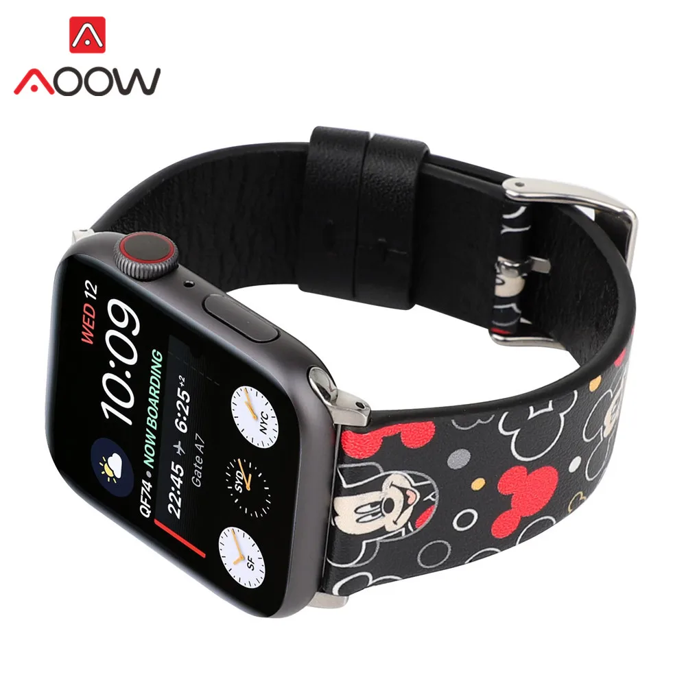 Ремешок для часов из натуральной кожи для Apple Watch 4, 40 мм, 44 мм, 38 мм, 42 мм, браслет с принтом Микки Мауса, ремешок для iwatch 1, 2, 3