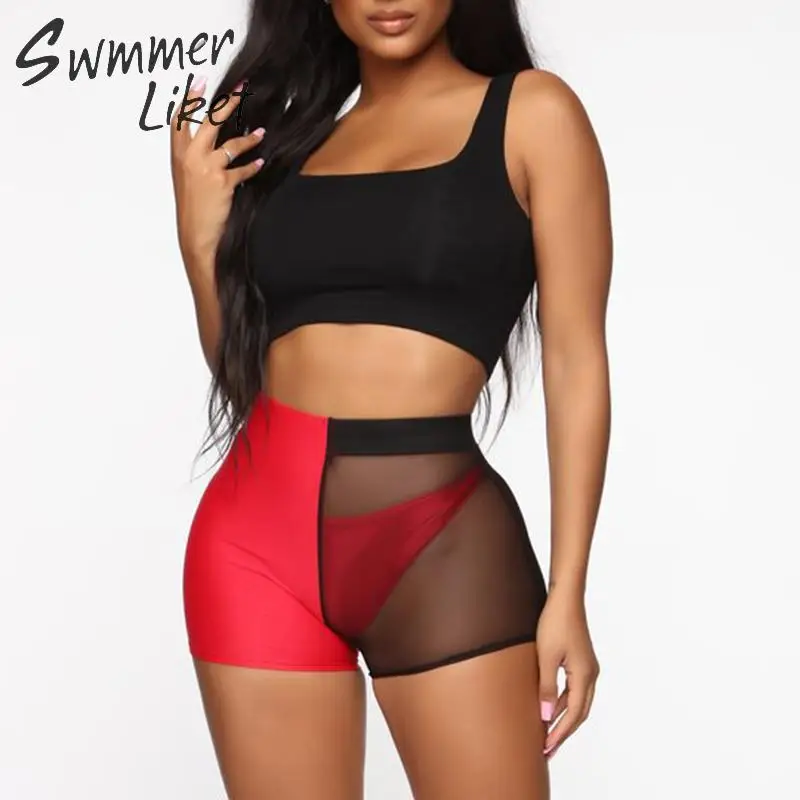 Прозрачные короткие штаны лето 2019 сетчатый Купальник для женщин прозрачная