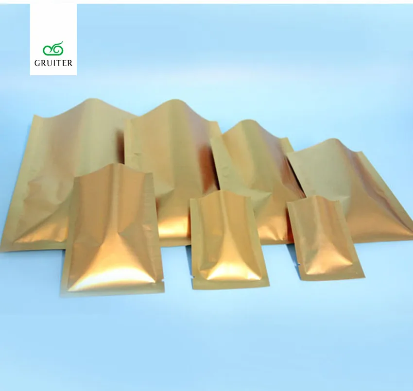

GRUITER Many Different Sizes for 100x Flat Matte Gold Metallic Open Top Pouches Recyclable Packing Heat Sealing Cosmetic Bags