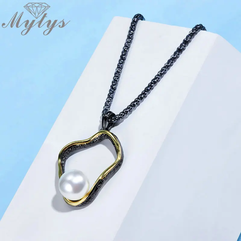 Mytys Retro Antique Black Popcorn Chain Hollow Pendant Necklace Pearl Embellish Gold Wire Frames Vintage Jewelry CN518 | Украшения и