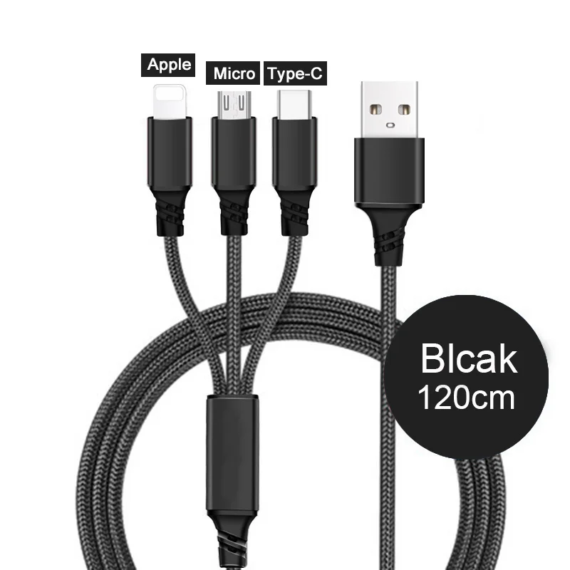 Type-C Micro 8 Pin 3 в 1 usb кабель для зарядки для iPhone 6 s 6s 7 8 Plus X Xs Max XR 2в1 samsung huawei Xiaomi Android провод шнур - Цвет: 3in1 1.2M Black