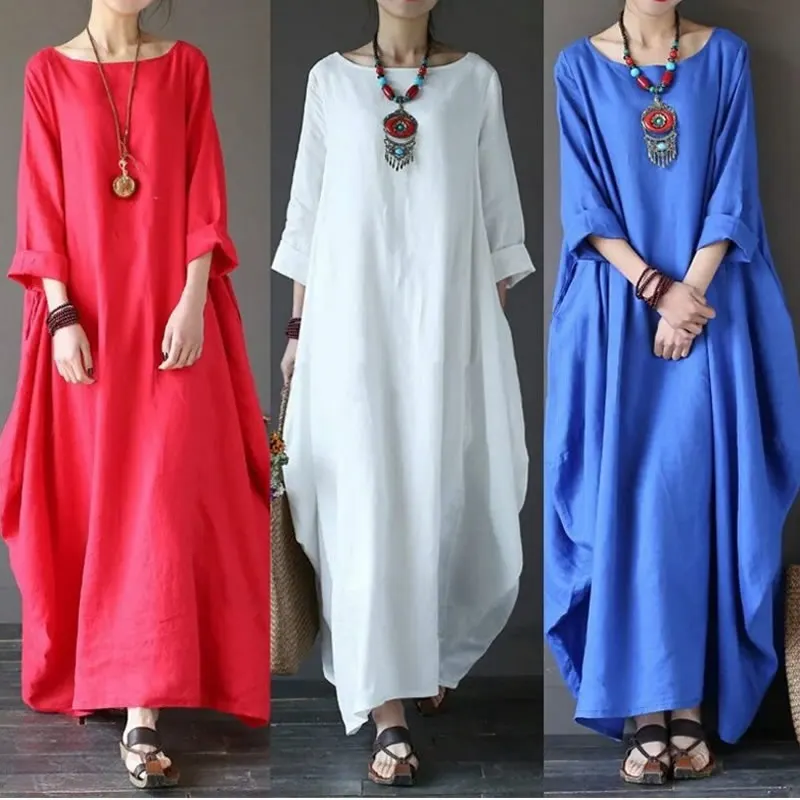 Женское платье Vestidos с длинным рукавом однотонное хлопковое белье свободное