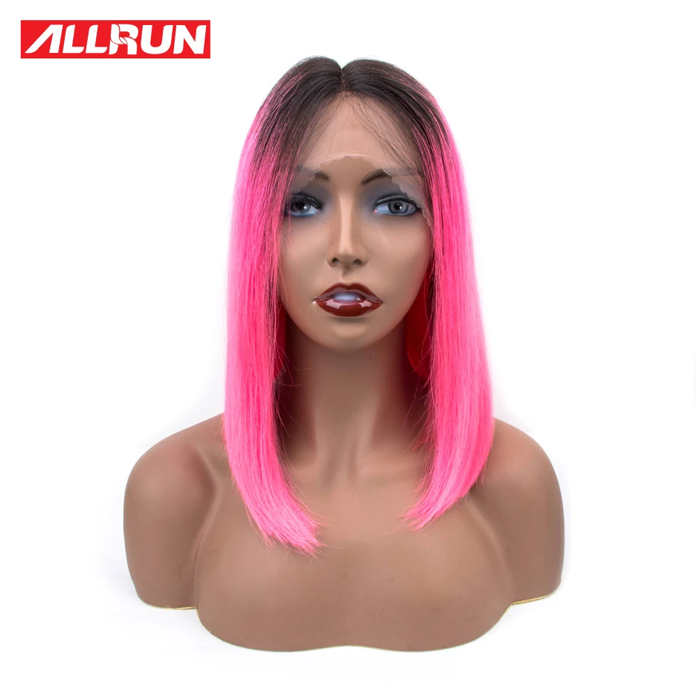 Allrun Short Lace Human Hair Wigs Preplucked remy Tb/Pink Brazilian Ombre Bob Wig Middle Part Natural Line | Шиньоны и парики