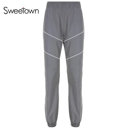 silver Sweetown серые Светоотражающие брюки хиппи весна осень высокая талия брюки для женщин боковая полосатая Лоскутная уличная одежда брюки - Цвет: silver