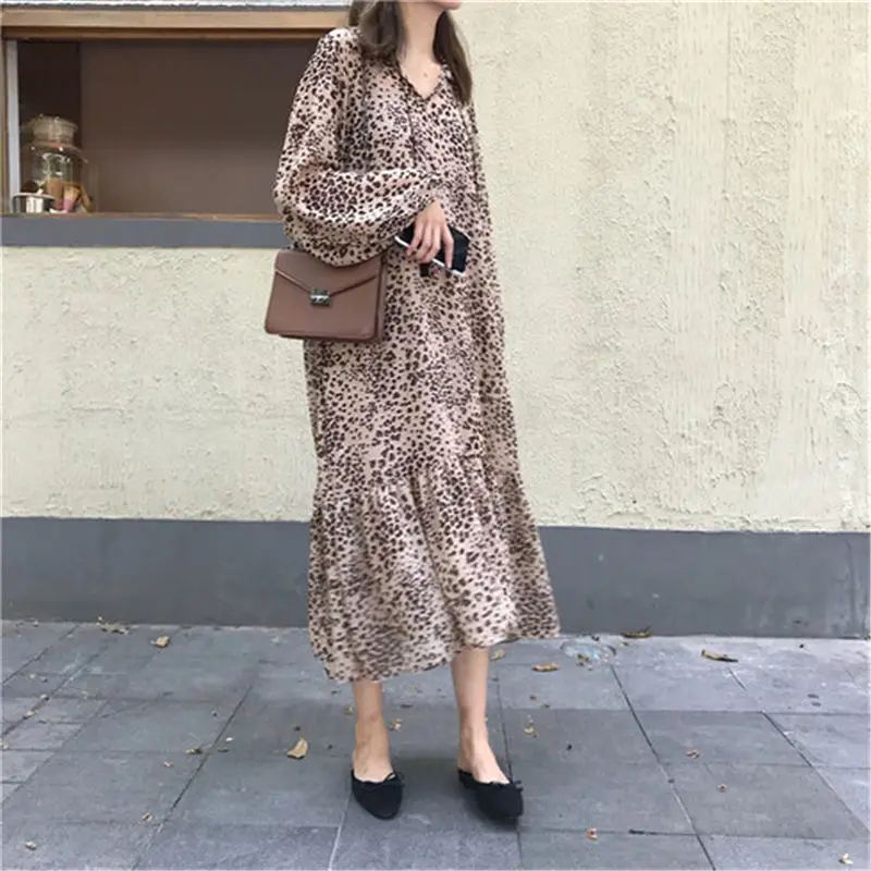 HziriP Women New Elegant Long Shirt Dress 2018 Autumn Leopard Sleeves Party Loose Versatile Chiffon Dresses Send Sling | Женская одежда