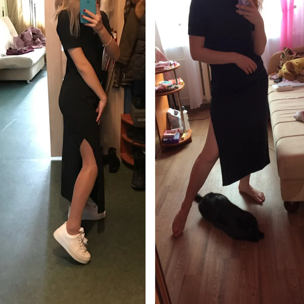 Женское пляжное платье с разрезом повседневное Черное Платье макси круглым