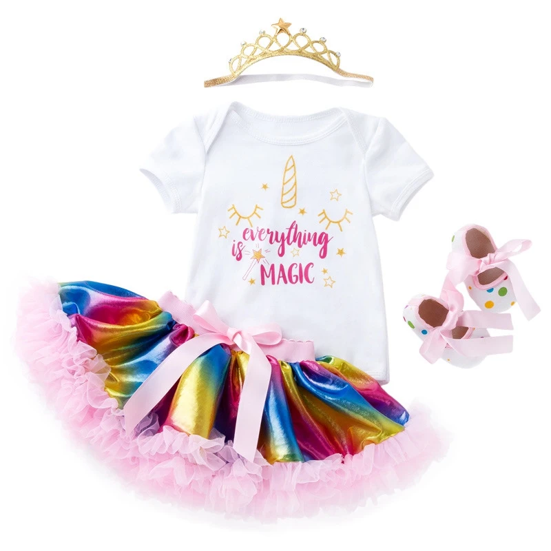 

Комплект одежды для первого дня рождения для маленьких девочек, комплекты из 4 предметов для маленьких девочек, боди, комплект с юбкой-пачко...