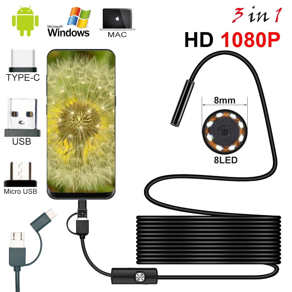 New 8mm Endoscope Camera 1080P HD USB With 8 LED 1/2/5M Flexible Cable Waterproof Inspection Borescope for Android PC | Инструменты