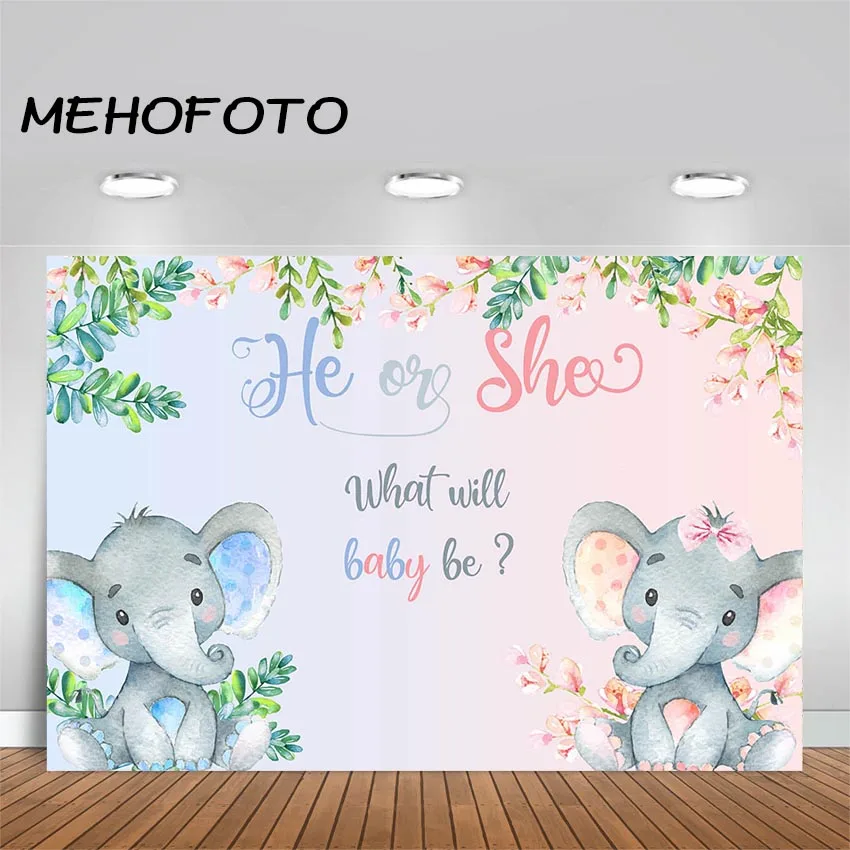 

MEHOFOTO Elephant Baby Shower Photo Background Boy or Girl Gender Reveal Party Animals Decorations Photography Backdrops