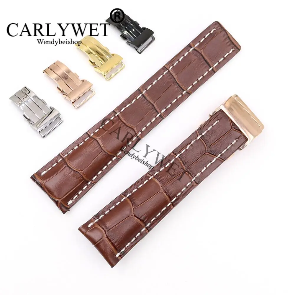 

Ремешок CARLYWET для наручных часов, черный сменный Браслет из натуральной воловьей кожи для мужчин и женщин, 22 24 мм, для Super Ocean GMT