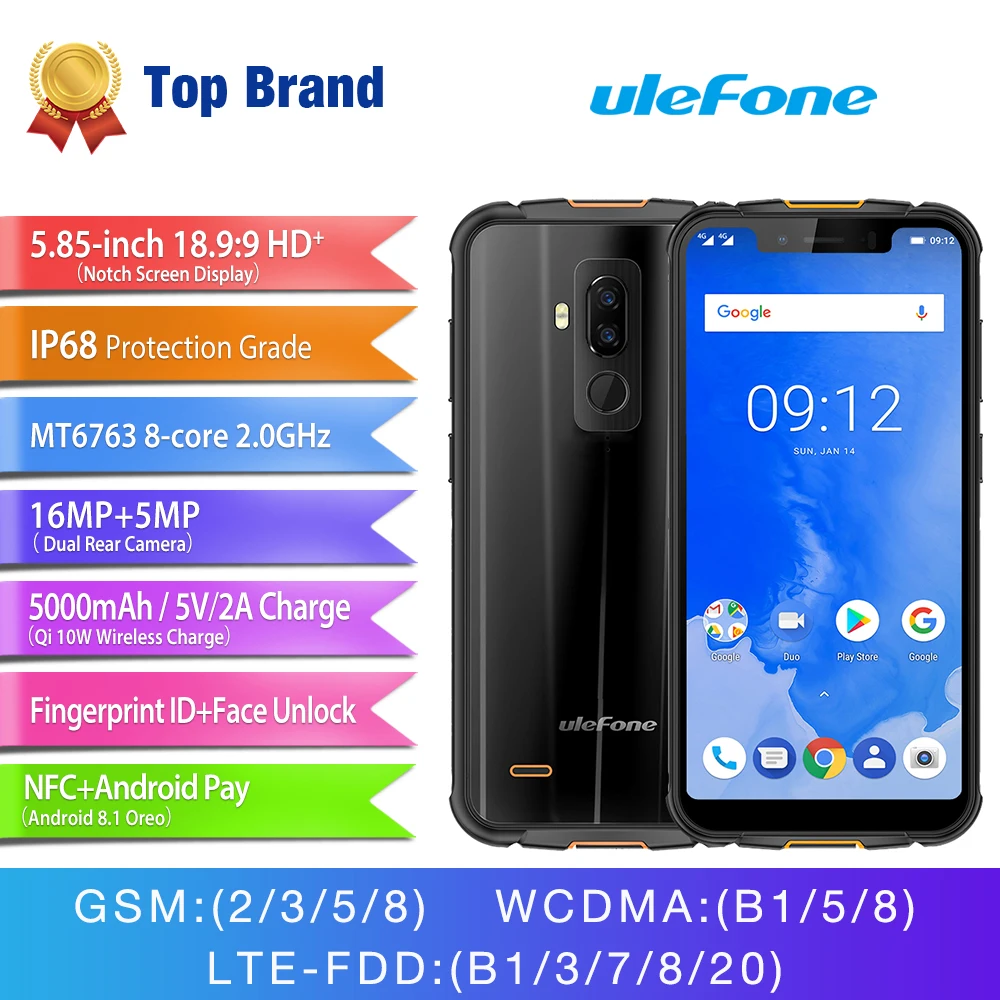 Ulefone power 5 IP68 Водонепроницаемый мобильный телефон Android 8 1 85 &quotHD + Octa Core 4 Гб 64 NFC Face ID