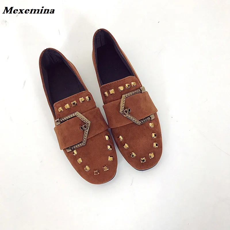 Mexemina/Новинка 2018 года модная обувь с квадратным носком замшевая металлическими