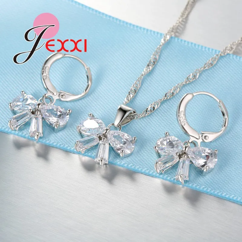 Elegant Wedding Birthday Gifts For Women Beautiful Silver Chain Necklace Clear Bowknot Crystal Charm Earrings Jewelry Set | Украшения и