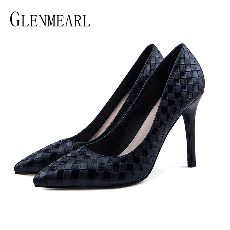 Брендовая женская обувь на высоком каблуке; весенние женские туфли-лодочки; черные женские модельные туфли с острым носком без застежки для офиса; женская обувь для вечеринок размера плюс
