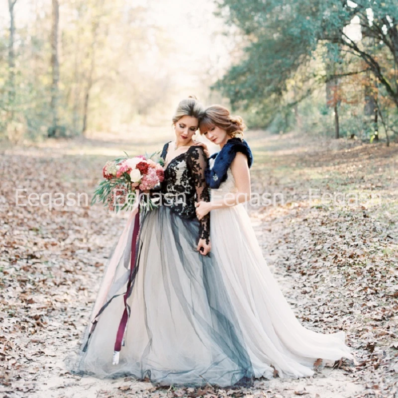 Винтаж Черный и белый Weding платья с длинными рукавами и открытой спиной трапециевидной формы кружевные апликации из тюля свадебное платье с поясом