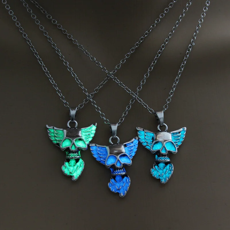 Punk Style Skull Pendant Necklace Luminous Wings Silver Color Chain Glow in the Dark Choker Statement For man Gift | Украшения и