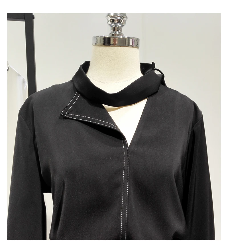 

Lady Vintage Black Color Chiffon Shirts Blouses Female Halter Solid Color Office Work Long Sleeve Shirts Blouses Tops