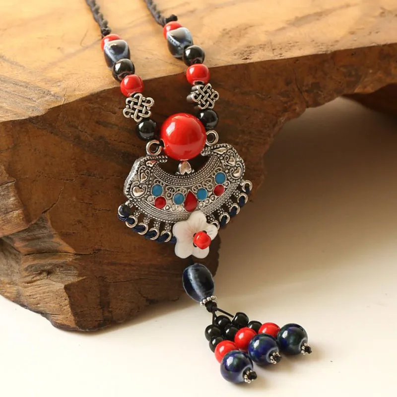 

12 Pieces/Lot Statement Long Necklace Alloy Chinese Knot Ceramic Beads Strand Tassel Necklace Charm Choker Jewelry Accessories