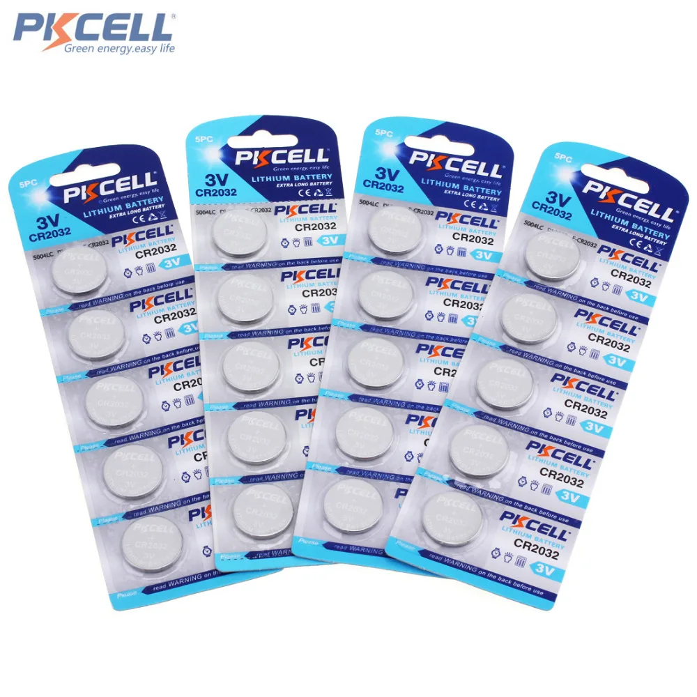 20 шт. 4 карты PKCELL 3V батарея CR2032 DL2032 CR 2032 KCR2032 5004LC ECR2032 литиевая кнопка батареи для