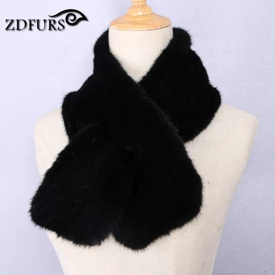 ZDFURS* Настоящая норка трикотаж меховые шарфы унисекс, теплый зимний модный черный шарф Женская шаль 90*12 см
