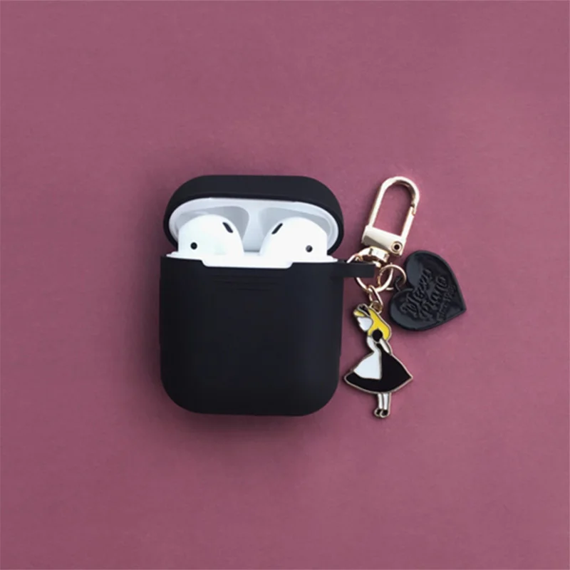 Супер милое кольцо для ключей для девочек для Apple Airpods чехол беспроводной Bluetooth гарнитура чехол силиконовый наушник защитный чехол анти-потеря - Цвет: Black
