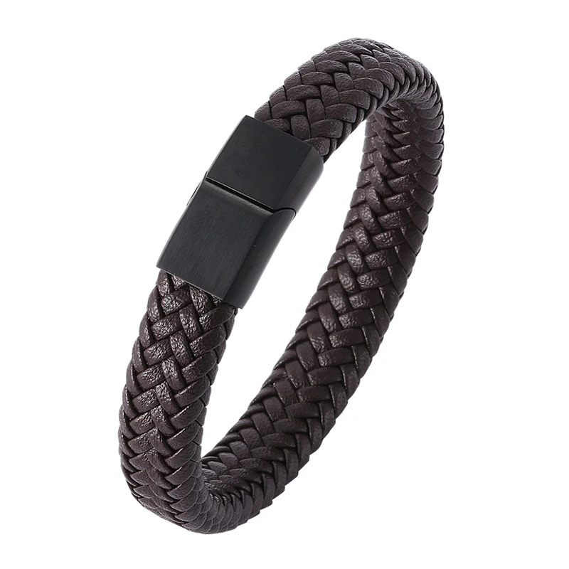 Женский плетеный кожаный браслет черный стальной Магнитный модный мужской BB503 |