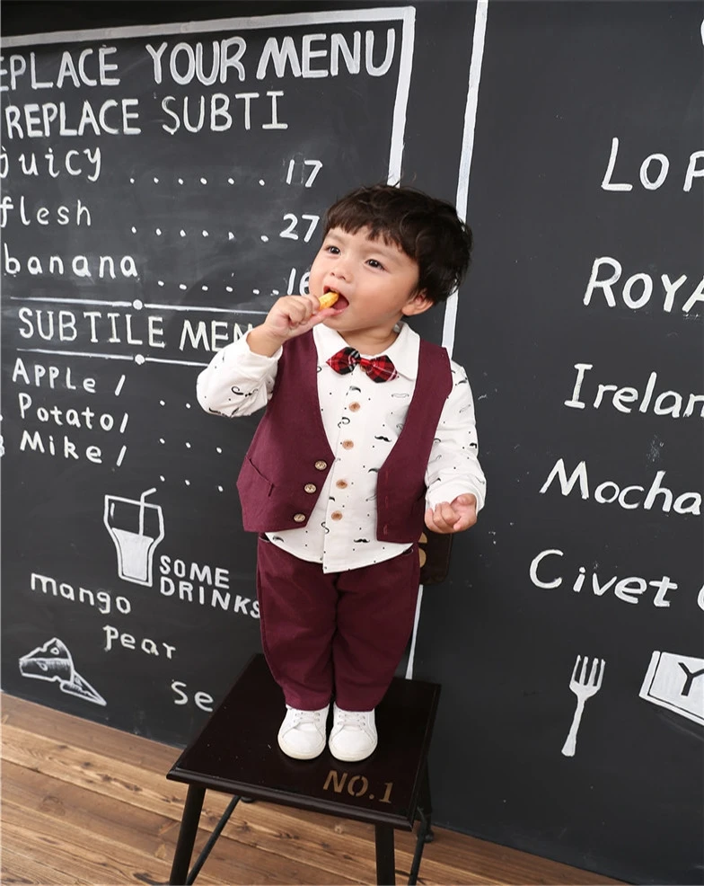 Детская одежда для детей 1, 2, 3, 4, 5 лет, весенне-осенняя одежда комплект из 3 предметов, рубашка штаны с длинными рукавами, брюки, жилет, костюм