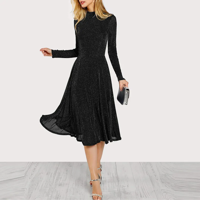 Elegant Long Sleeves Office Lady Women Dress 2019 Solid Back Hollow Out O-Neck Regular Summer Basic Dresses Navy Blue Vestidos | Женская