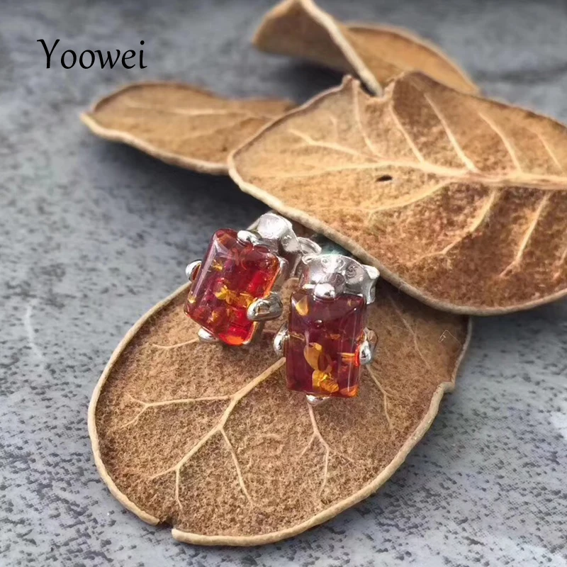 Женские янтарные серьги Yoowei пусеты из 100% натурального Прибалтики 4 вида цветов|stud