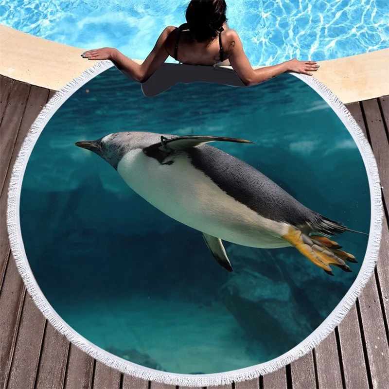 Милое семейное пляжное полотенце с пингвином 150 см микрофибра Круглый банный для