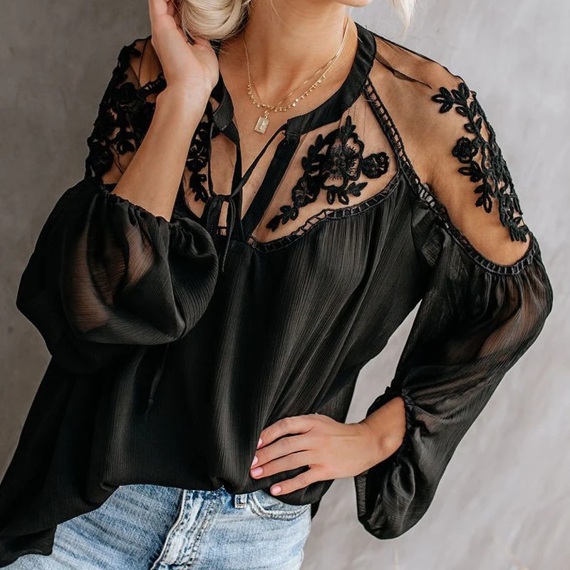Женская кружевная блузка Boho свободная с рукавом фонариком из шифона BS335|Блузки| |
