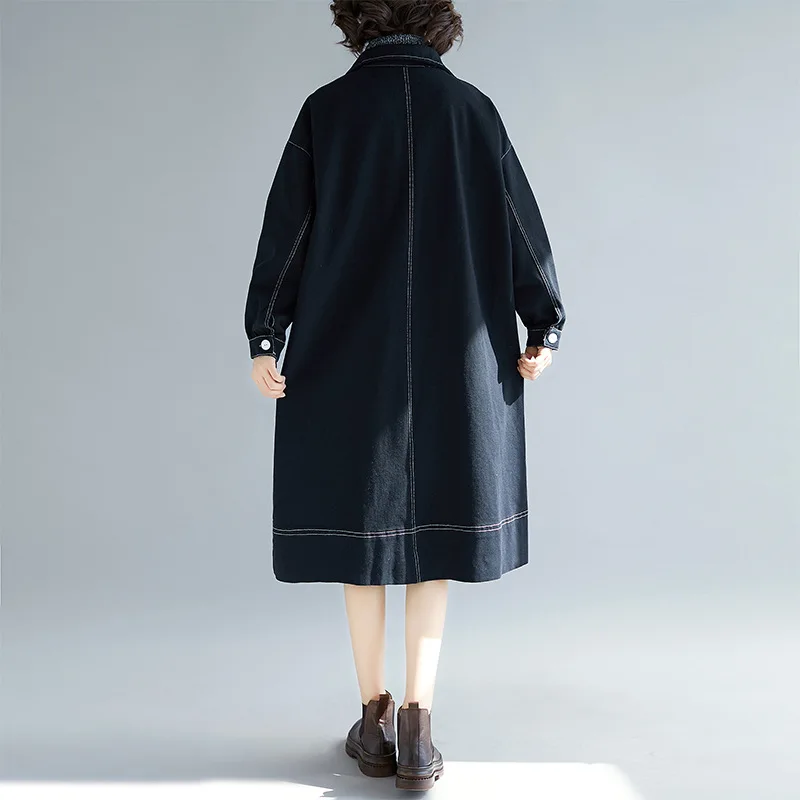 Johnature New Denim Loose Casual Korean Women Coats Autumn Winter Fashion Turn-down Collar Full Sleeve Button Women Trench