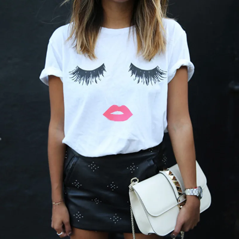 White T-Shirt Женские футболки размера плюс 5XL, милые ресницы с принтом красных губ, летняя новая футболка с круглым вырезом и коротким рукавом, Женская белая черная футболка, топы - Цвет: White T-Shirt