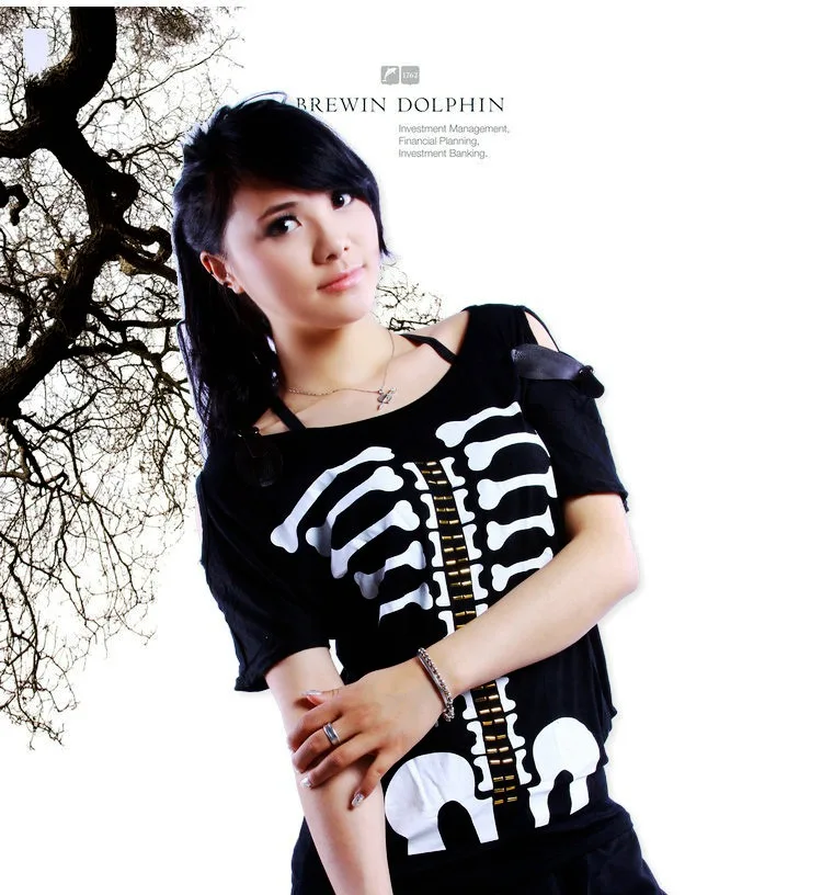 

New Fashion Summer Hip Hop Top Dance Jazz Costume Performance Wear Halloween Skull Cutout Rivets Ds Thin Loose Tee t-shirt