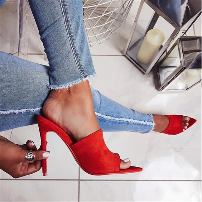 Summer Style Women Leopard High Heels Mules Pointed Toe Sexy Women Slides Female Thin High Heels Female Outdoor Slippers