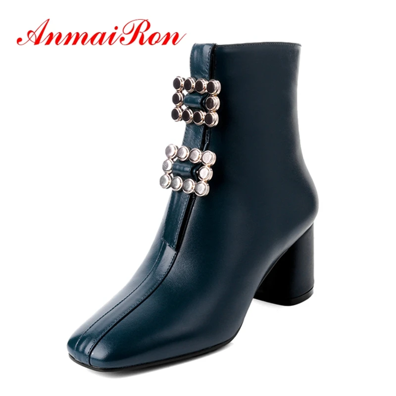 

AnmaiRon/botines mujer; Женские однотонные ботильоны на высоком каблуке с квадратным носком на молнии; Женские полусапожки; Большие размеры 34-43; ZYL1245