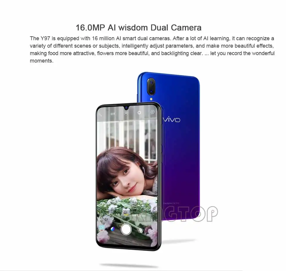 VIVO Y97, 4 Гб ОЗУ, 128 Гб ПЗУ, Helio P60, четыре ядра, 6,3 дюймов, полный экран, 16,0 Мп+ 2,0 МП, двойная тыловая камера, отпечаток пальца, мобильный телефон