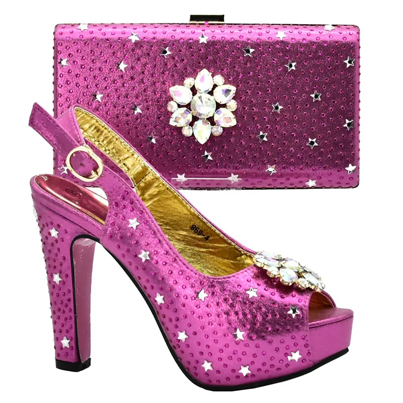 Fuchsia Комплект из итальянских женских туфель и сумочки, украшенных стразами; комплект из женских туфель и сумочки в африканском стиле; женская свадебная обувь в нигерийском стиле - Цвет: Fuchsia