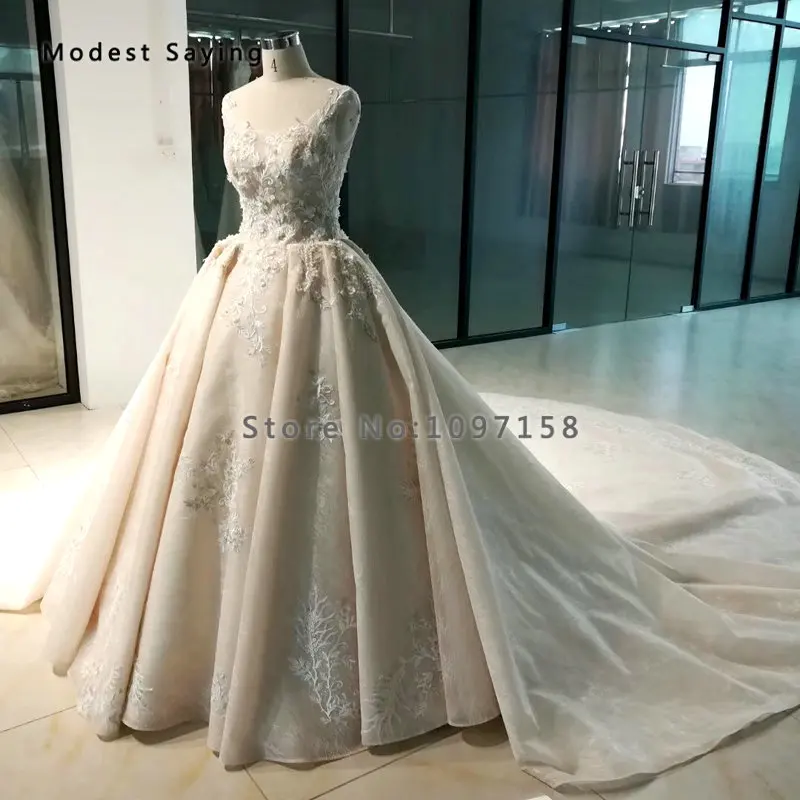 

Royal Champagne Ball Gown Beaded Lace Wedding Dresses 2019 with Cathedral Train Flowers Bridal Gowns vestido de festa longo