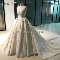 royal champagne ball gown beaded lace wedding dresses 2019 with cathedral train flowers bridal gowns vestido de festa longo