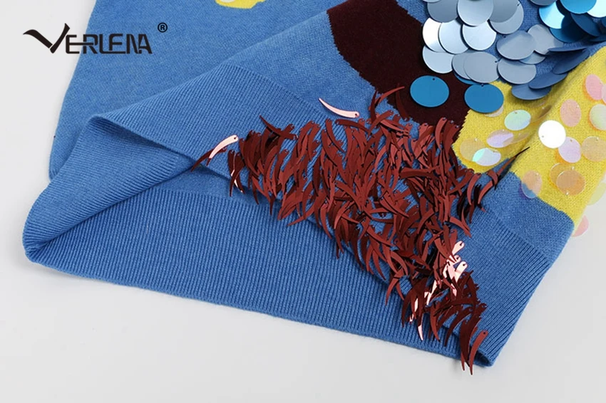 Verlena Korean Fashion Blue Jumper Colorful Shine Sequins Details Sweater Women Clothing Long Sleeve Tops Pullovers Pull Femme | Женская