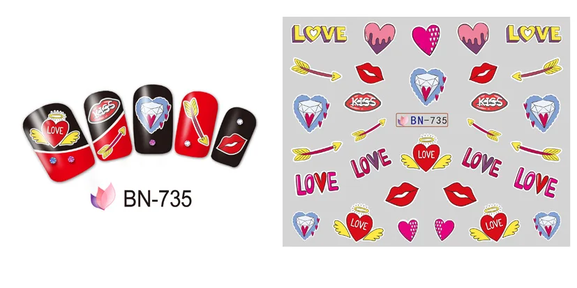 UPRETTEGO 12 упак./лот переводка NAIL ART наклейки на ногти цветок ручной работы розы с милыми сердечками и поцелуй губы торт на День святого Валентина BN733-744
