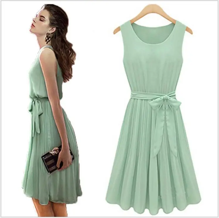 

2017 Summer Women's Clothing Sleeveless Vest Slim Bow Dress Solid Color Pleated Chiffon Dress Women Clothes Vestido Verao HA56