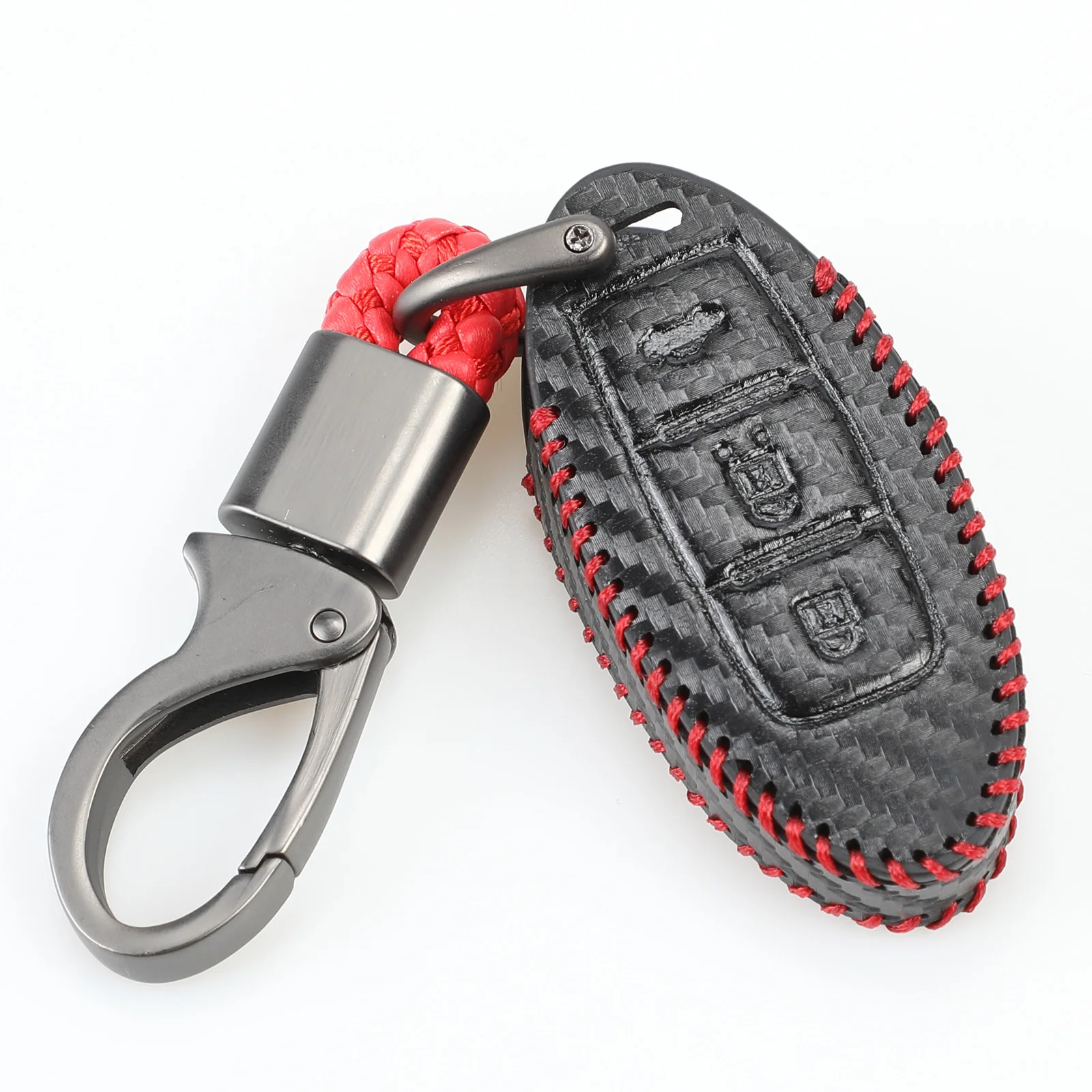 Red with Keychain Чехол для дистанционного ключа jingyuqin из углеродистой кожи для Nissan X-Trail 370Z Cube Micra Qashqai Juke Leaf Tiida Cube Quest Versa 3BTN - Название цвета: Red with Keychain