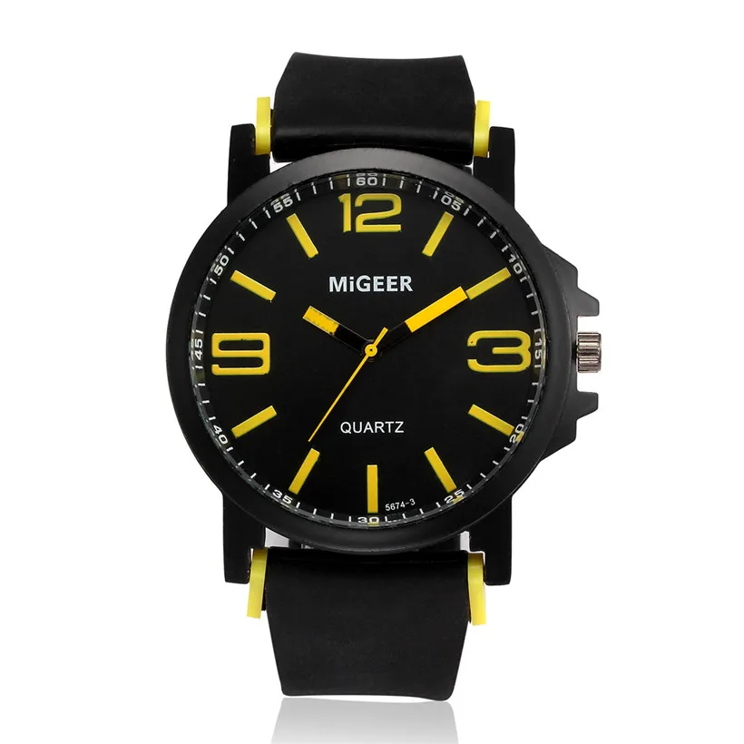 Yellow MIGEER, мужские спортивные наручные часы с силиконовым ремешком, мужские часы, Лидирующий бренд, черный циферблат, кварцевые аналоговые часы, мужские часы, водонепроницаемые - Цвет: Yellow