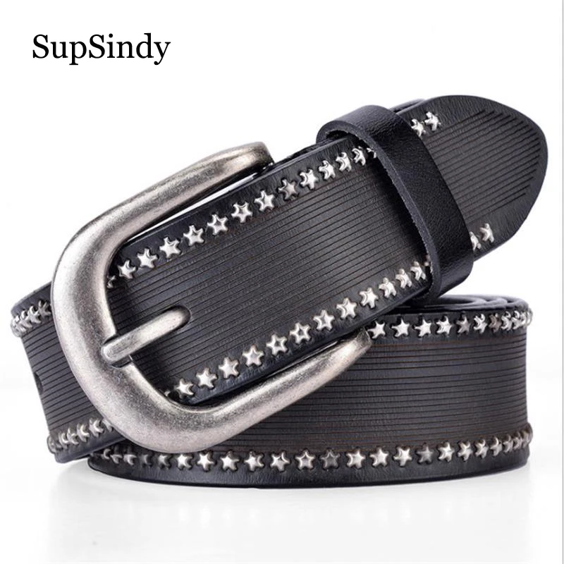 SupSindy fashion women's genuine leather belt Punk Stars Rivets luxury brand designer belts for women high quality female belt